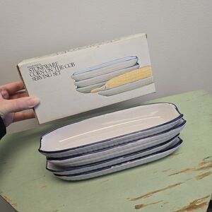 White Blue Glazed Stoneware Corn Cob Serving Set of 4 Vintage
